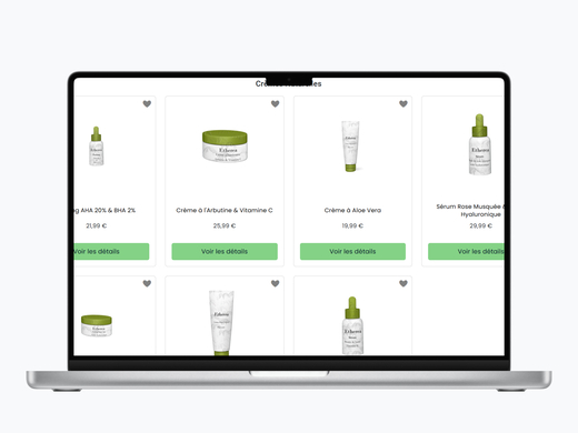 site e-commerce de produits de crèmes naturelles affiché sur un ordinateur pour illustrer une boutique en ligne intuitive