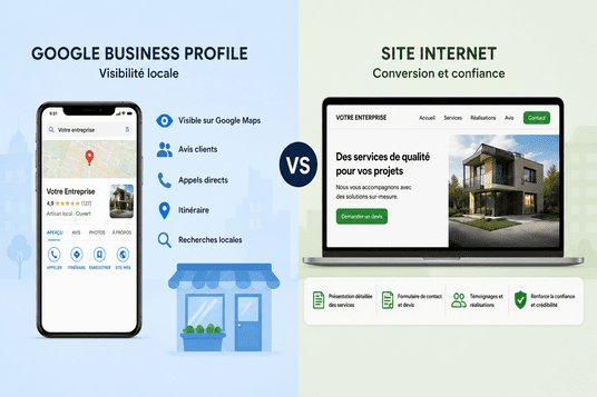 Comparaison entre une fiche Google Business Profile et un site internet optimisé SEO local pour attirer et convertir des clients.